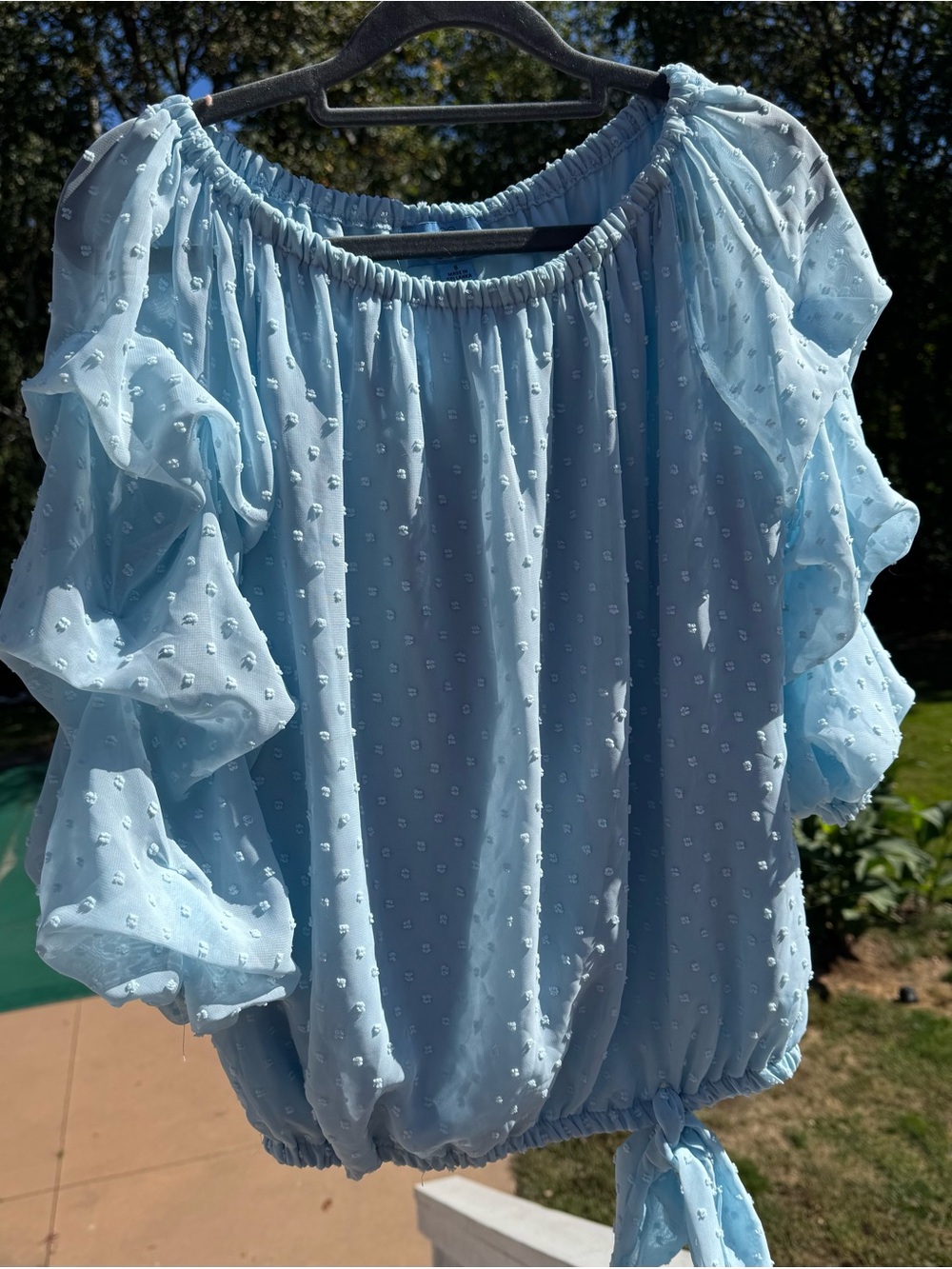 CeCe Blue Swiss Dot Off-Shoulder Ruffle Blouse